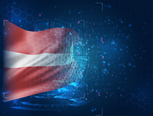 Latvia, vector 3d flag on blue background with hud interfaces