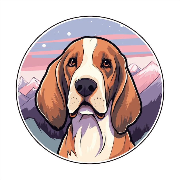 Latvian Hound Dog Breed Watercolor Cartoon Kawaii Animal Isolated Snow Mountains Nature Illustration