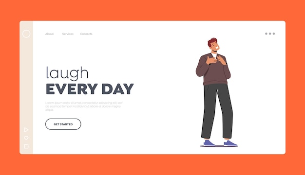 Laugh Every Day Landing Page Template Young Male Character Laughing at Something Funny Man Crying of Laughter