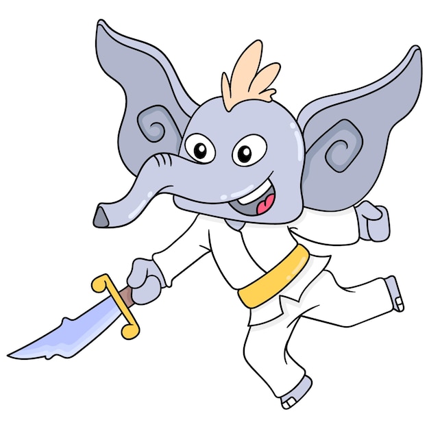 The laughing faced elephant was practicing martial arts with a sharp sword, vector illustration art. doodle icon image kawaii.