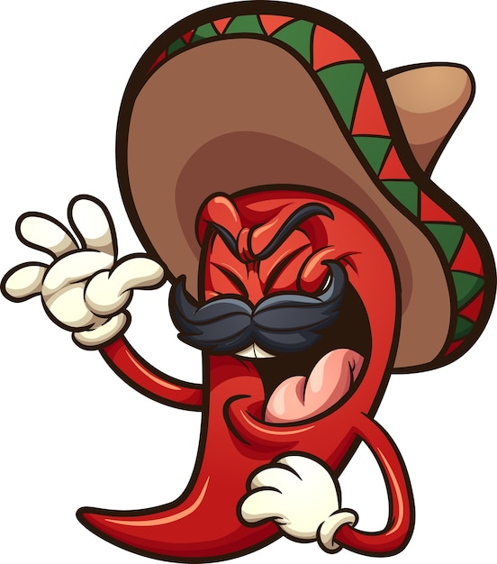 Laughing Mexican red chili pepper with sombrero.