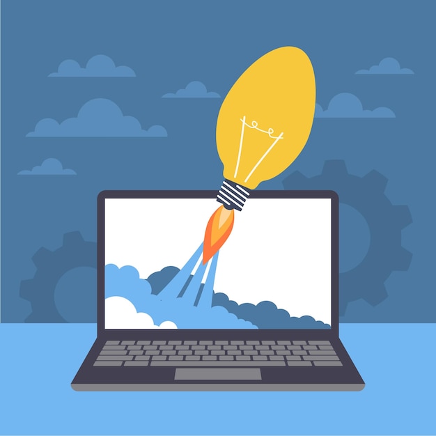 Launching idea Start of innovation Rocket in light bulb form on laptop screen Startup or new creative project in company entrepreneurship development Vector isolated business concept