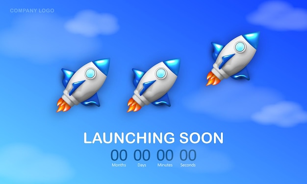 Vector launching soon banner with 3d cartoon rockets in blue sky with clouds and countdown. cute spaceships