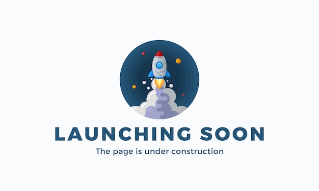 Launching soon flat style rocket in space sign web template Page under construction website vector colorful banner background Isolated