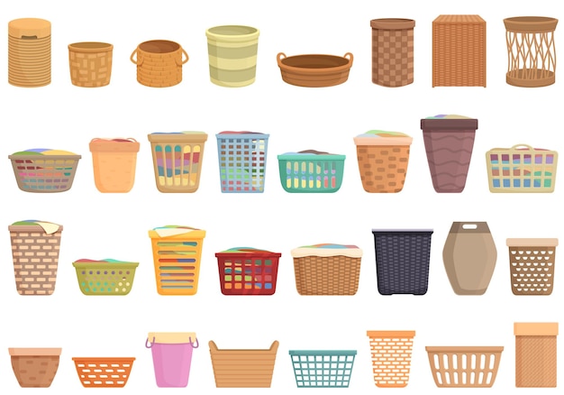 Laundry basket icons set cartoon vector Clothes laundry