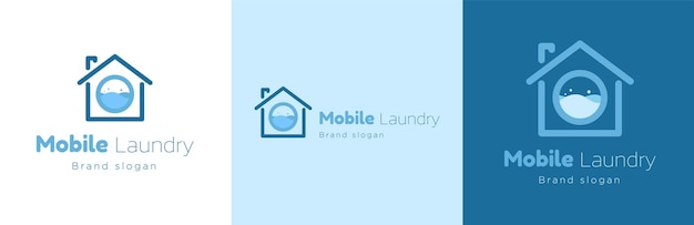 Laundry business logo design set, clothing washing service symbol, mobile wash machine emblem