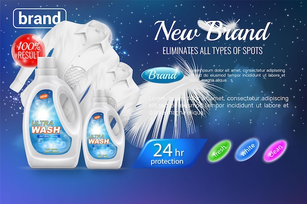 Laundry detergent ads bright white clothes hanging out to dry with product package design in 3d