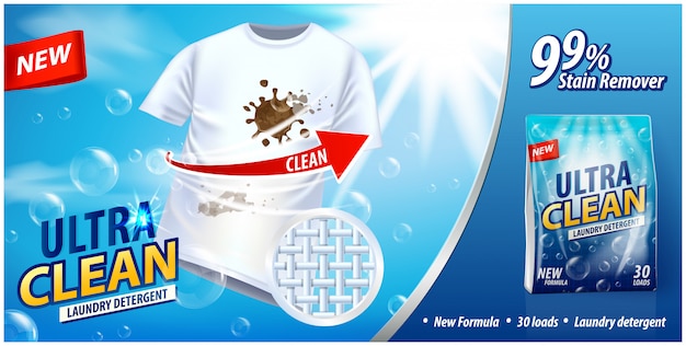 Laundry detergent, stain remover ad  template. Ads poster  on blue background with white t-shirt and stains