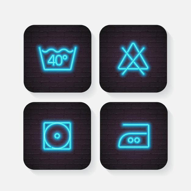 Laundry icon set with neon light glowing element