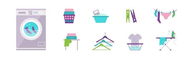 Laundry items and object as clothes washing and drying vector set