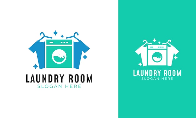 Laundry room logo with washing machine and shirt icon for laundry business