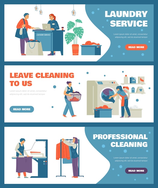 Laundry service and professional dry cleaning flyers flat vector illustration