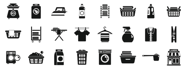 Laundry shop icons set simple vector Cloth iron basket