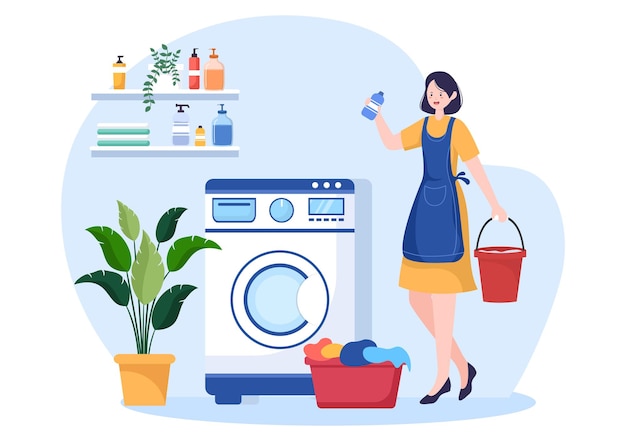 Laundry with Wash and Drying Machines in Flat Background Illustration. Dirty Cloth Lying in Basket and Women are Washing Clothes for Banner or Poster