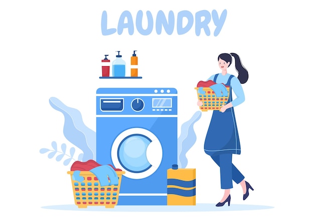 Laundry with Wash and Drying Machines in Flat Background Illustration. Dirty Cloth Lying in Basket and Women are Washing Clothes for Banner or Poster