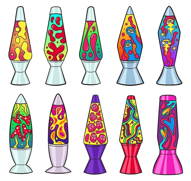 Lava lamps Psychedelic bubble liquid 90s retro lamp with colourful neon hippie abstract shapes vector illustration set