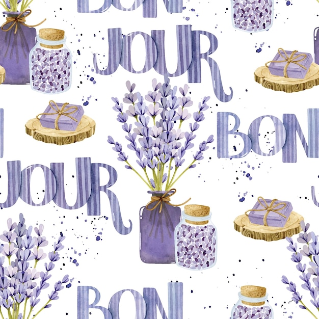 Lavender bouquet and soap with lettering watercolor seamless pattern