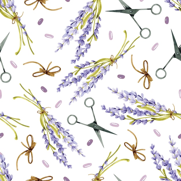 Lavender bouquet with scissors and twine watercolor seamless pattern