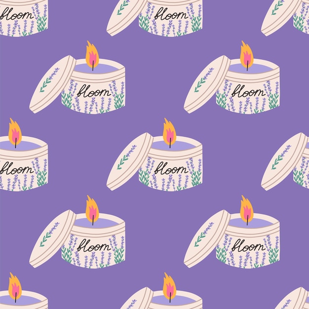 Lavender candles in jar seamless pattern flat vector Cute aromatherapy candles with flowers