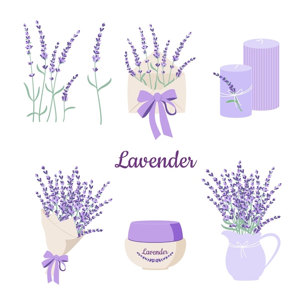 Vector lavender clipart set bouquet branches envelope candles flowers cosmetics