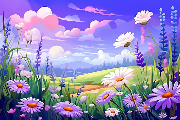 Lavender Daisies Bluebells Meadow Cartoon