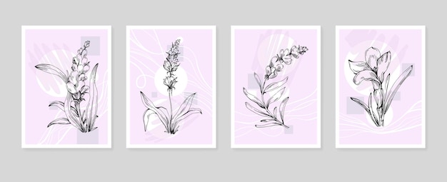 Lavender Hand Painted Illustrations for Wall Decoration minimalist flower in sketch style