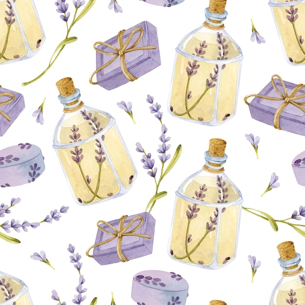 Lavender oil and soap with flower watercolor seamless pattern