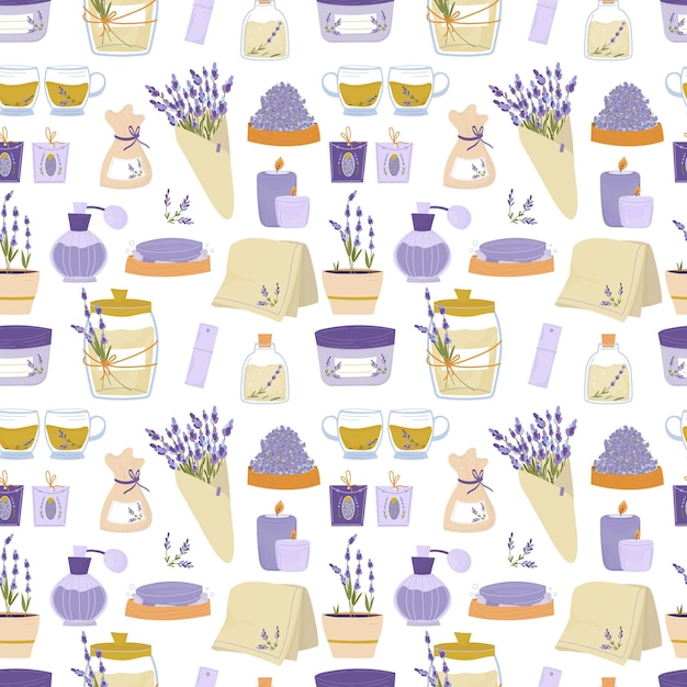 Lavender pattern Flowers plant branches cosmetics and food from lavender Seamless background Vector illustration cartoon hand drawn