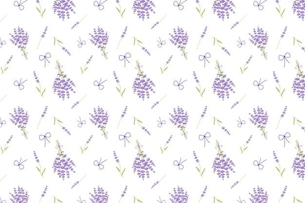 Lavender seamless pattern with purple flowers bouquet and bow on white background