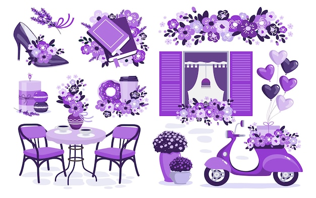 Lavender set with a moped, flowers, balloons on the background of a window with shutters.