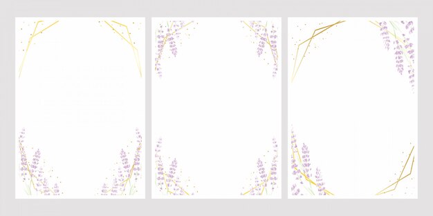 Vector lavender watercolor with golden frame for wedding invitation card template 