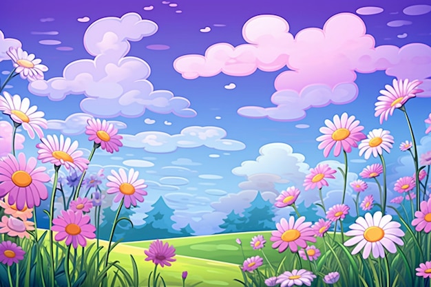 Lavender and White Daisies Blue Sky