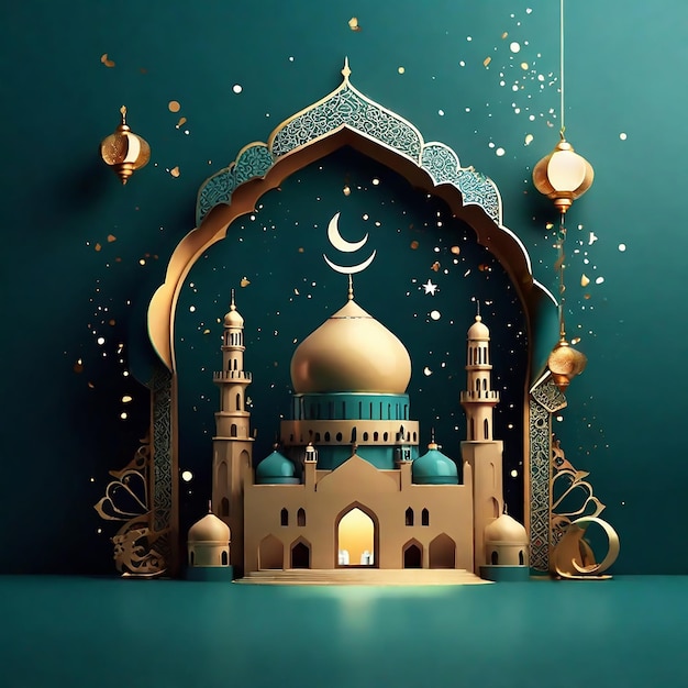 A lavish blue and gold background with elegant floral designs and a stunning mosque silhouette