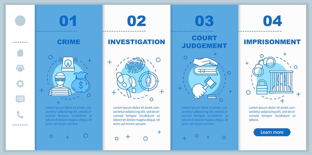 Law enforcement onboarding mobile app page screen vector template Investigation imprisonment court judgement walkthrough steps with linear illustrations UX UI GUI smartphone interface concept