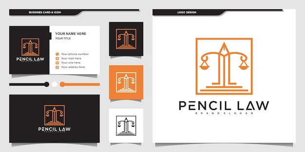 Law firm with pencil logo design with creative line art style and business card Premium Vector