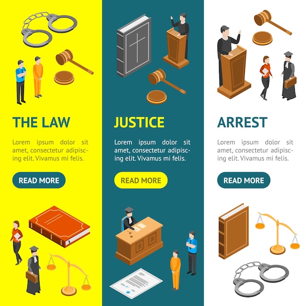 Vector law justice composition concept banner vecrtical set 3d isometric view include of court judge lawyer gavel legislation and handcuff vector illustration