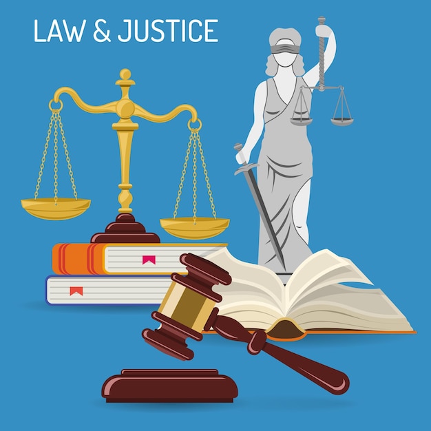 Law and Justice Concept with flat icons justice scales, judge gavel, Lady Justice, law books. isolated vector illustration