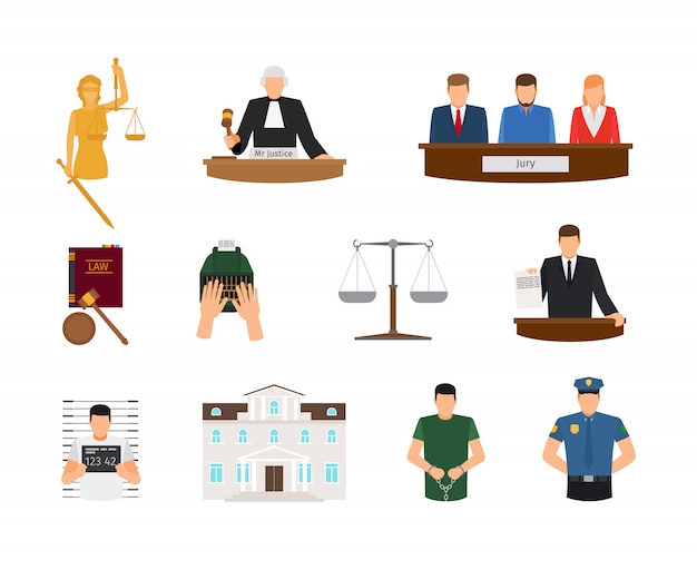 Law and Justice court and punishment flat icons