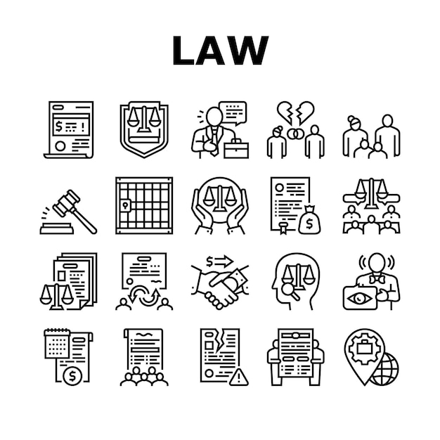 Law Justice Dictionary Collection Icons Set Vector