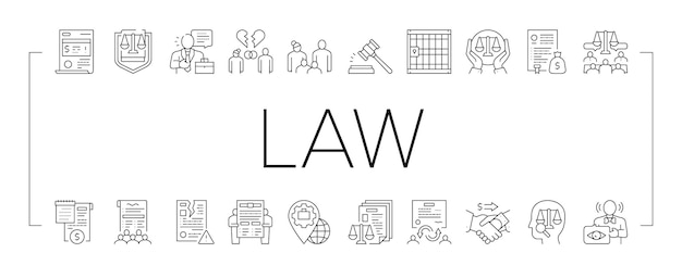 Law justice dictionary collection icons set vector