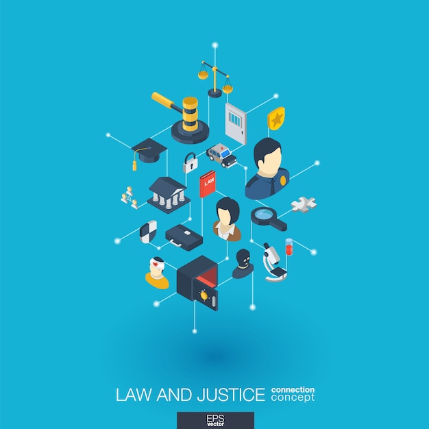 Law, justice integrated  web icons. Digital network isometric interact concept. Connected graphic  dot and line system. Abstract background whith lawyer, crime and punishment.  Infograph