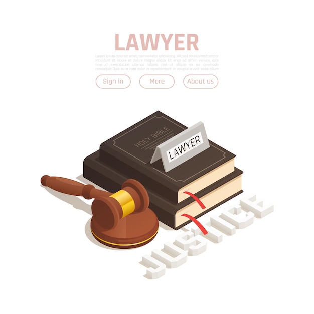 Law justice isometric composition with buttons editable text and  books and wooden hammer