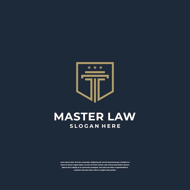 Law of Justice logo design pillar with shield symbol. minimalist logo with line art style