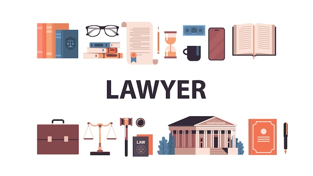 Vector law and justice set gavel judge books scales courthouse icons collection horizontal vector illustration