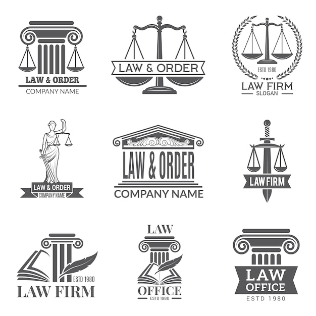 Law and legal labels. Legal code, judge hammer and other corporate symbols of jurisprudence. Black labels and badges of legal notes