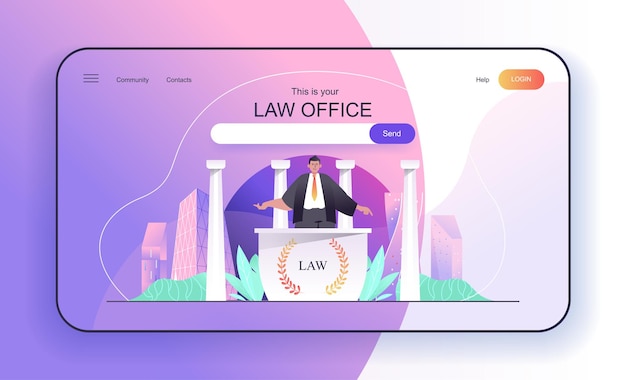 Vector law office concept for landing page lawyer or attorney consulting clients legal support