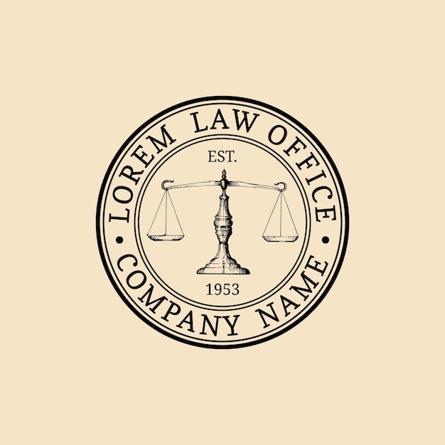 Law office logo with scales of justice illustration Vector vintage attorney advocate label juridical firm badge Act principle legal icon design