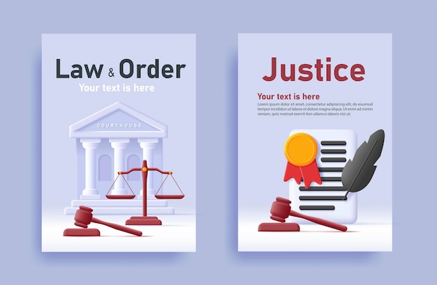 Law and Order poster with court attributes like court building document and justice scales and judg