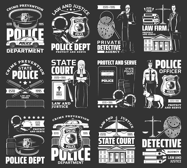 Law and order vector icons monochrome signs set