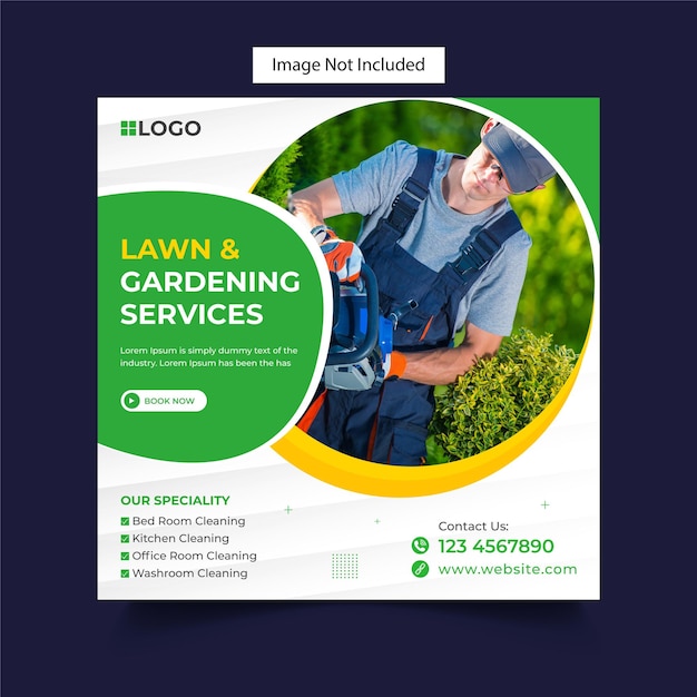 Lawn garden or landscaping service social media post and lawnmower promotion banner design